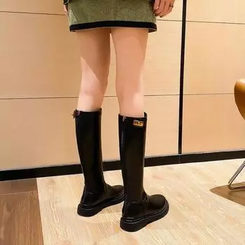 Зимние женские сапоги до колена с высоким голенищем, элегантная обувь для женщин на низком каблуке, длинная черная обувь из кожи с круглым носком, тренд 2024 года из искусственной кожи 35
