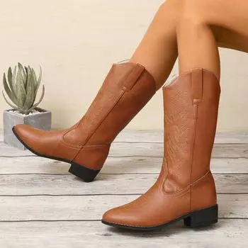 Зимние женские сапоги до середины голени, туфли без застежек с вышивкой для женщин, квадратный каблук, острый носок, женские сапоги на низком каблуке 36 светло-коричневого