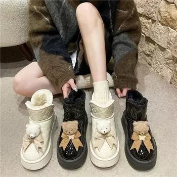 Зимние женские сапоги из бархата с утолщенной подошвой, короткие, теплые, нескользящие, хлопковые сапоги 35 чёрный