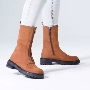 Зимние женские сапоги из натуральной кожи с молнией спереди и зубчатой подошвой