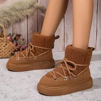 Зимние женские сапоги, модные, с круглым носком, однотонные, на среднем каблуке, на толстой подошве, замшевые, теплые, со шнуровкой, женские сапоги до середины икры 36
