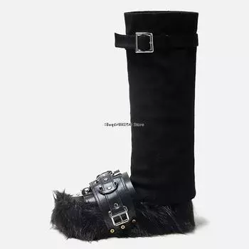 Зимние женские сапоги, модные сапоги на платформе, высокие сапоги до колена, женские длинные полусапожки на толстой подошве, мюли с мехом, повседневные тапочки 35