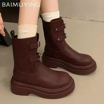 Зимние женские сапоги на платформе для снега, дизайнерские мотоциклетные ботинки средней длины, кожаные туфли на среднем каблуке, трендовая мода, готические ботинки Mujer 35
