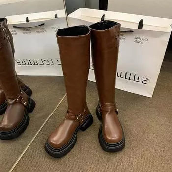 Зимние женские сапоги на платформе до колена, модные длинные сапоги на квадратном каблуке с пряжкой на ремне, Largas De Mujer 35