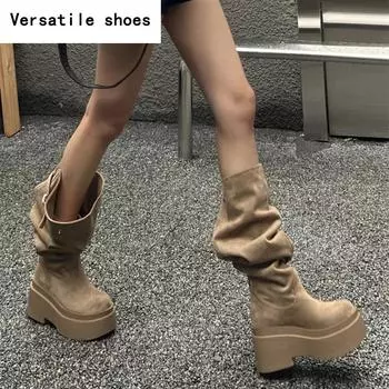 Зимние женские сапоги на платформе до колена, модные длинные сапоги без застежек, уличные женские элегантные туфли на высоком каблуке 35