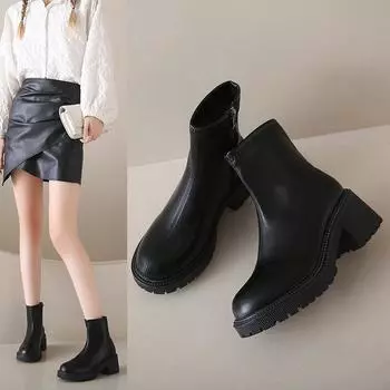 Зимние женские сапоги на толстой подошве с толстым каблуком, повседневные узкие тонкие сапоги, универсальные модные сапоги для женщин 35 чёрный
