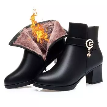 Зимние женские сапоги на высоком каблуке 2025 Новые модные женские ботильоны ПЛЮШЕВЫЕ теплые женские офисные сапоги 35 чёрный