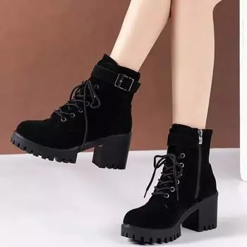 Зимние женские сапоги на высоком каблуке с перекрестными ремешками, короткие сапоги, удобные, водонепроницаемые, теплые, большого размера 42, женские сапоги 35