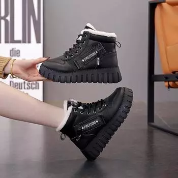 Зимние женские сапоги, новые зимние, бархатные, утолщенные, ботинки Martin, женские туфли, короткие, на толстой подошве, теплые, хлопковые, WS 35 чёрный