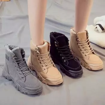 Зимние женские сапоги Plus Velvet, утолщенные теплые хлопковые туфли, замшевые нескользящие женские кроссовки на толстой подошве, студенческие повседневные зимние ботинки 35(Foot 22.5cm) верблюд