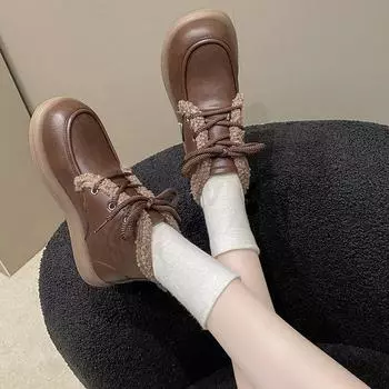 Зимние женские сапоги с подкладкой, утолщенные, водонепроницаемые, нескользящие, хлопковые, короткие, с толстой подошвой, увеличивающие высоту 35 коричневый