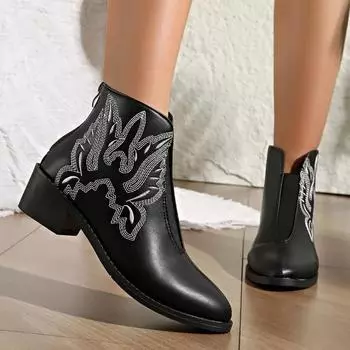 Зимние женские сапоги с вышивкой и острым носком, молния сзади, 2024, женская обувь, элегантные ботильоны на среднем каблуке, большие размеры, современные сапоги Botas 36 чёрный