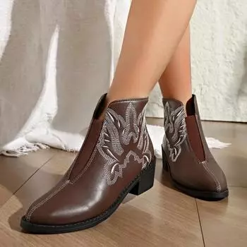 Зимние женские сапоги с вышивкой и острым носком, молния сзади, 2025 г., женская обувь, элегантные ботильоны на среднем каблуке, большие размеры, современные сапоги Botas 36 чёрный