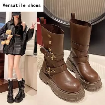 Зимние женские сапоги в стиле панк до середины голени, модные короткие ботильоны с пряжкой на ремне, элегантные женские сапоги на толстом каблуке 35