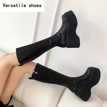 Зимние женские сапоги в стиле панк до колена, модные длинные сапоги на платформе, дизайнерские сапоги на квадратном каблуке Botas De Mujer 35