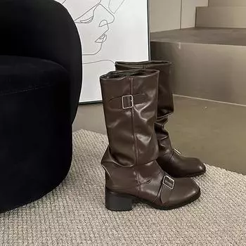 Зимние женские сапоги в стиле панк, высокие сапоги до колена, модные длинные сапоги с пряжкой на ремне, дизайнерские сапоги на толстом каблуке Botas De Mujer 35