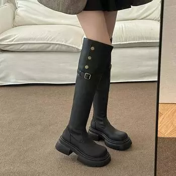 Зимние женские сапоги выше колена 2024 года, однотонные слипоны для женщин, элегантные сапоги на толстой подошве, короткие плюшевые женские туфли 35 чёрный