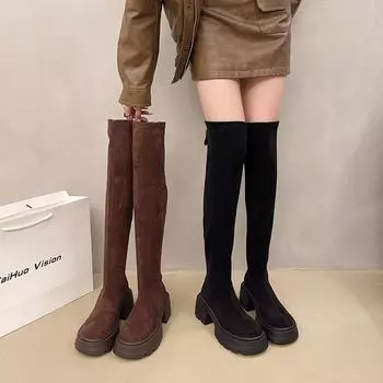 Зимние женские сапоги выше колена, модные сапоги без застежек на толстом каблуке, длинные сапоги, женские сапоги Largas 35
