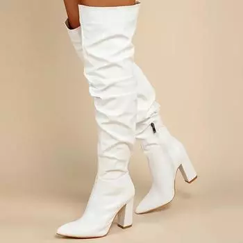 Зимние женские сапоги выше колена в стиле панк на квадратном каблуке с застежкой-молнией, плиссированные, с острым носком, женские длинные сапоги 35