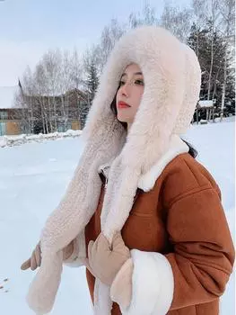 Зимние женские шапки и шарфы из натурального лисьего меха, женские теплые пушистые шапка и шарф из натурального меха кролика рекс, женские роскошные вязаные шарфы с капюшоном из натурального меха 52cm-60cm серый