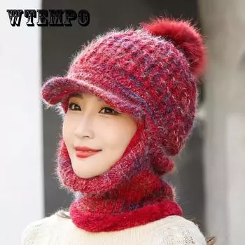 Зимние женские шапки, модные шерстяные шапки, бархатные толстые вязаные воротники, ветрозащитные шапки и воротники для верховой езды кирпич красный