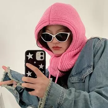 Зимние женские шапки унисекс вязаные с капюшоном и воротником шапка бини для мужчин и женщин завязывающиеся на шнурок цельные шапки теплая балаклава M(56-58CM)