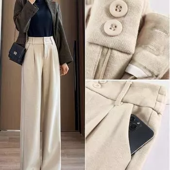 Зимние женские шерстяные брюки, повседневные однотонные шерстяные женские широкие брюки, женские прямые длинные брюки с высокой талией в стиле OL, дропшиппинг S серый