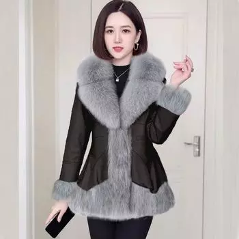 Зимние женские шубы из искусственного меха, узкая шуба из искусственного меха лисы с V-образным вырезом, утолщенная куртка из искусственной кожи с меховым воротником S чёрный