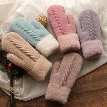 Зимние женские согревающие бархатные внутри запястья, утолщенные вязаные варежки с длинными пальцами, велосипедные шерстяные перчатки, мягкие милые милые One Size