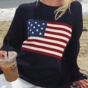 Зимние женские свитера с флагами, винтажные свободные свитера с длинным рукавом, повседневные пуловеры в стиле Харадзюку, трикотаж, белая уличная одежда S синий