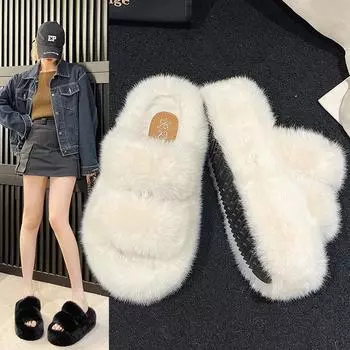 Зимние женские тапочки домашние повседневные черные теплые с мехом плюшевые тапочки на платформе большого размера 35-42 для девочек EU: 38 чёрный