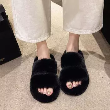 Зимние женские тапочки домашние повседневные черные теплые с мехом плюшевые тапочки на платформе большого размера 35-42 для девочек EU: 35 чёрный