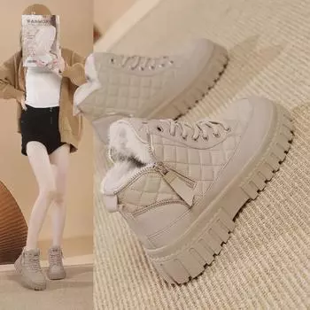 Зимние женские теплые ботинки для снега в корейском стиле средней высоты 2025 года с толстой подошвой и бархатной подкладкой, модель Q502 36 чёрный