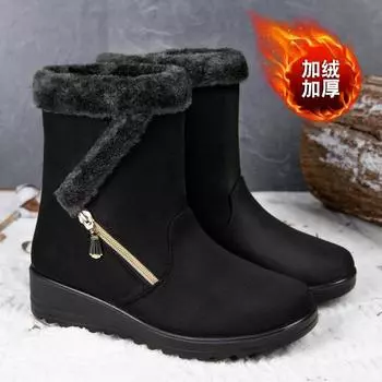 Зимние женские теплые ботинки с боковой цепочкой, высокие, средней высоты, для снега, нескользящие, модные, хлопковые, удобные, на плоской подошве, большие размеры 35 чёрный