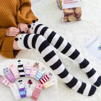 Зимние женские теплые чулки с милым рисунком из мягкого кораллового флиса, женские высокие носки до бедра One size