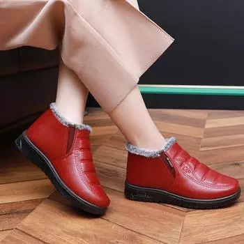 Зимние женские теплые хлопковые сапоги с начесом, утолщенные зимние сапоги с нескользящей водонепроницаемой кожаной поверхностью, хлопковая обувь для мам среднего и пожилого возраста 35 чёрный