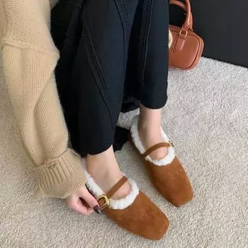 Зимние женские теплые хлопковые туфли Мэри Джейн, модные туфли на мелкой мягкой подошве, женские удобные туфли на плоской подошве для отдыха на природе 35 коричневый