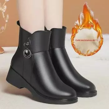 Зимние женские теплые кожаные сапоги больших размеров с толстым каблуком и бархатной подкладкой Velvet; 41 чёрный