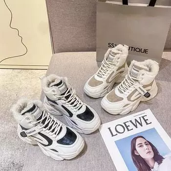 Зимние женские теплые кроссовки на платформе, зимние ботинки, ботильоны, женские повседневные плюшевые туфли, хлопковые женские ботинки, большие размеры 35-40 35 чёрный