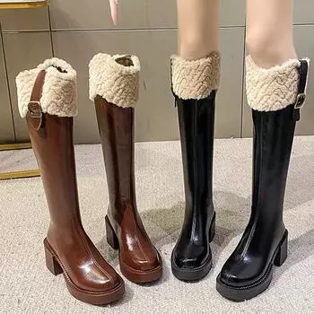 Зимние женские теплые меховые рыцарские сапоги, модные сапоги с молнией сзади, на толстом каблуке, высокие сапоги для женщин, туфли на платформе, женские сапоги 35