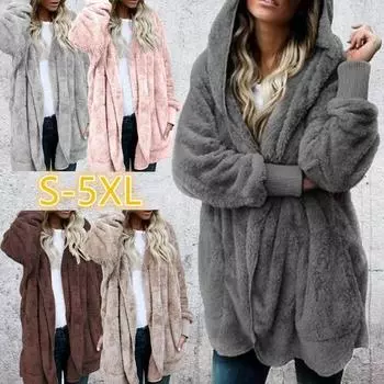 Зимние женские теплые однотонные кардиганы с капюшоном, пальто, вязаные свитера с длинными рукавами, куртки, свободный кардиган из искусственного меха, пальто, куртка с капюшоном, верхняя одежда, пальто L армия зеленый