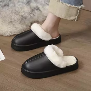 Зимние женские теплые плюшевые тапочки водонепроницаемые кожаные домашние тапочки 36 чёрный
