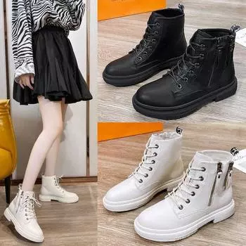 Зимние женские теплые повседневные рабочие ботинки на плоской подошве с бархатными высокими кожаными ботинками, ботинки на среднем каблуке, модные ботинки 35 чёрный