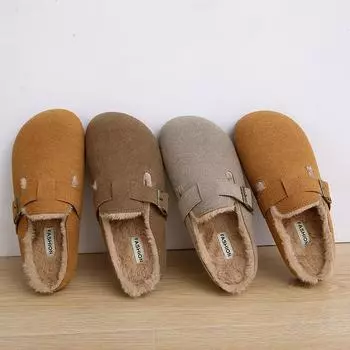 Зимние женские теплые тапочки с закрытым носком, меховые тапочки из искусственной замши для женщин, модная пробковая обувь для девочек 35 серый