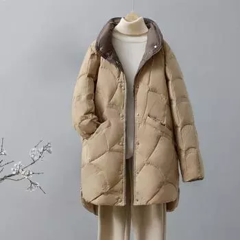 Зимние женские теплые ультралегкие пуховики модные приталенные пальто с воротником-стойкой средней длины пуховик-парка пальто S хаки