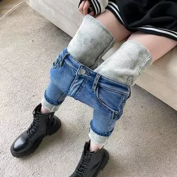 Зимние женские термоджинсы, теплые плюшевые эластичные джинсы, женские облегающие утолщенные флисовые джинсовые длинные брюки, синие брюки-карандаш в стиле ретро 32 светло-синий