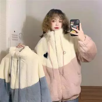 Зимние женские толстовки с капюшоном из бархата в стиле пэчворк на молнии с длинным рукавом из овечьей шерсти, большие флисовые пальто, повседневная корейская теплая белая толстовка M розовый