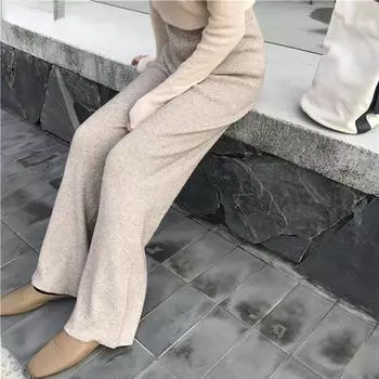 Зимние женские толстые брюки с эластичной резинкой на талии, вязаные широкие брюки, повседневные черные винтажные теплые брюки с высокой талией S белый