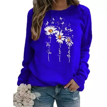 Зимние женские топы с принтом ромашки, женская повседневная толстовка с круглым вырезом и длинными рукавами S хаки