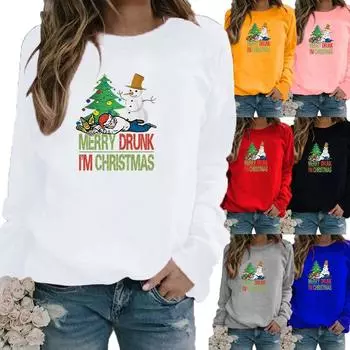 Зимние женские топы с принтом Санта-Клауса, женская Повседневная толстовка с круглым вырезом и длинными рукавами, блузка больших размеров XS белый